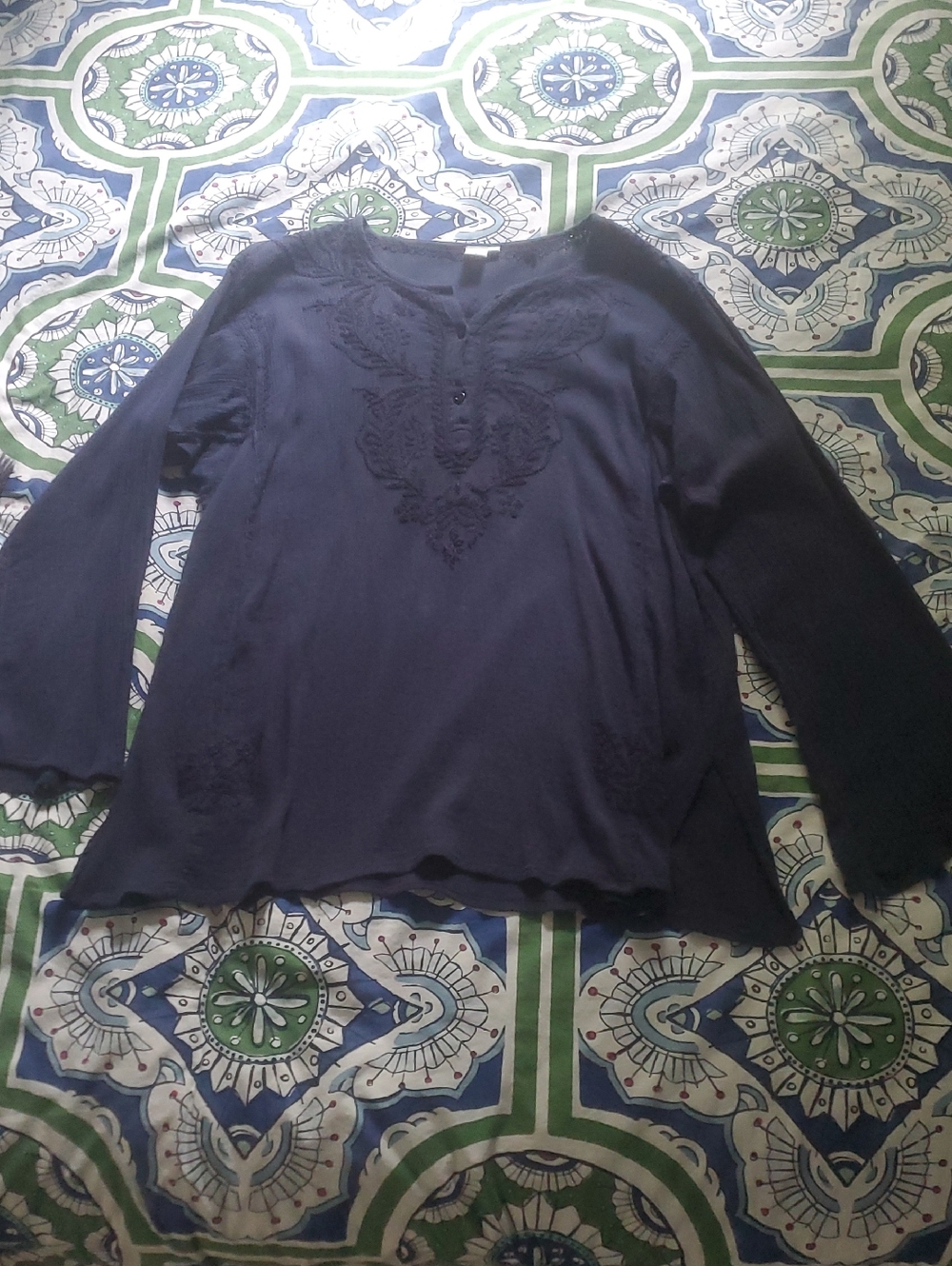 Soul Flower 100% Cotton Navy Embroidered Tunic Top One Size